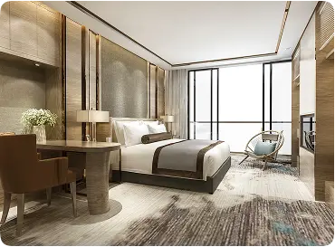 3-star hotel room with cozy bed, desk, and modern interior design for budget travelers.