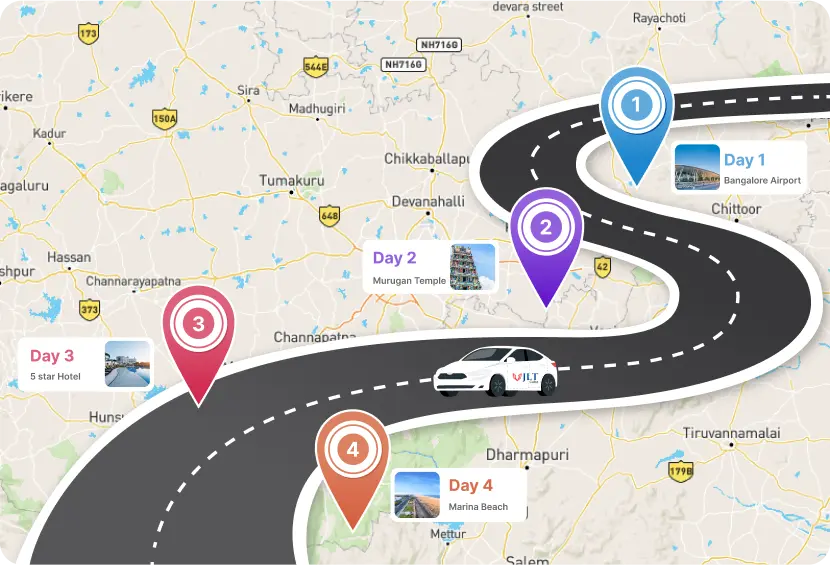 Interactive travel route map with JLT cab, highlighting multiple stops including Bangalore Airport, Murugan Temple, luxury hotel, and Marina Beach.